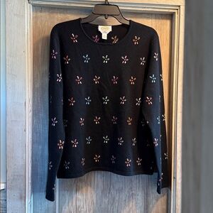 Talbots - Black Pure Cashmere Sweater with Floral Accents - XL